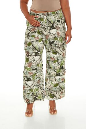 GREEN/MULTI Plus Size Leaf Print Cargo Pants, image 2
