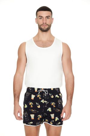 BLACK/MULTI Short Inseam Drink Print Swim Trunks, image 1