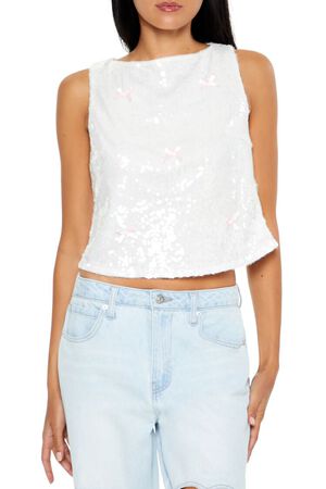 BLACK/RED Sequin Bow Boxy Crop Top, image 1