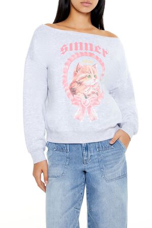 HEATHER GREY/MULTI Sinner Kitten Graphic Pullover, image 1
