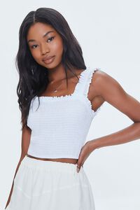 WHITE Smocked Ruffled Cropped Tank Top, image 1