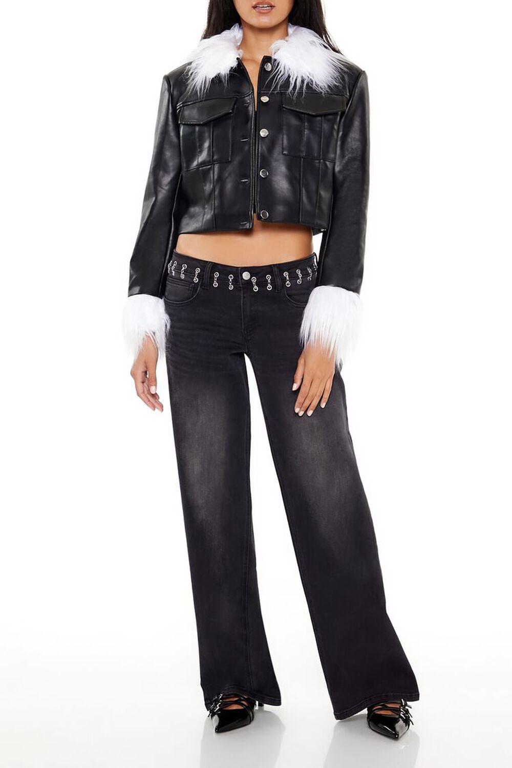 BLACK/WHITE Faux Fur & Leather Trucker Jacket, image 2