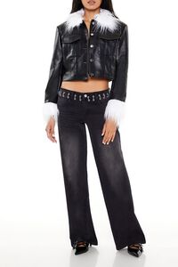 BLACK/WHITE Faux Fur & Leather Trucker Jacket, image 2