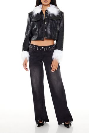BLACK/BLACK Faux Fur & Leather Trucker Jacket, image 2
