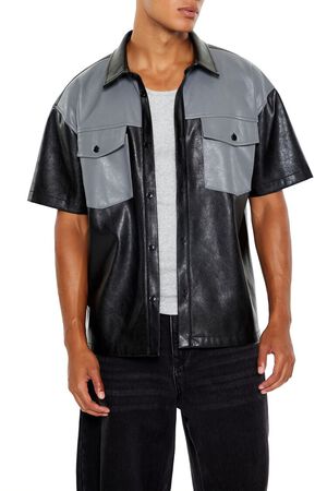 BLACK/GREY Faux Leather Colorblock Shirt, image 1