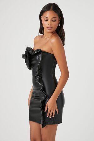 BLACK Faux Leather Rosette Tube Dress, image 2