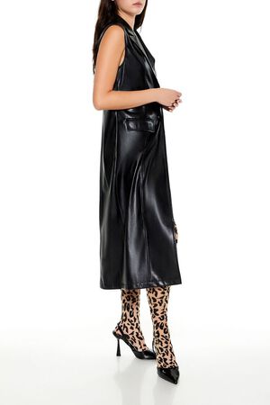 BLACK Notched Faux Leather Longline Vest, image 3
