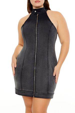 DENIM BLACK Plus Size Denim Zip-Up Mini Dress, image 2