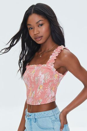 TIGERLILY/MULTI Tropical Leaf Smocked Crop Top, image 2