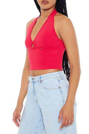 HOT PINK Sweater-Knit Halter Crop Top, image 2