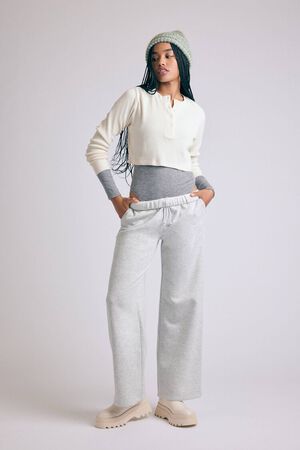 WHITE Cotton Ribbed Cropped Henley Top, image 1