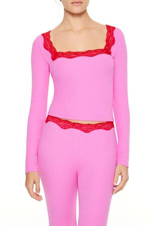 PINK/RED Lace-Trim Crop Top, image 1