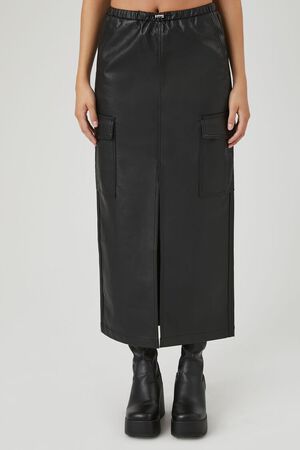 BLACK Faux Leather Maxi Slit Skirt, image 2