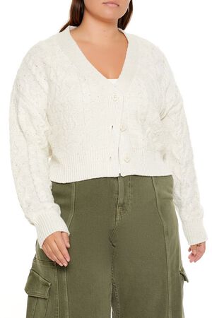 CREAM/MULTI Plus Size Cable Knit Cardigan Sweater, image 1