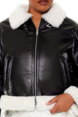 BLACK Plus Size Faux Shearling Aviator Jacket, image 3