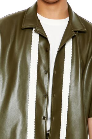 OLIVE/CREAM Striped Faux Leather Shirt, image 3