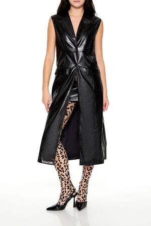BLACK Notched Faux Leather Longline Vest, image 1