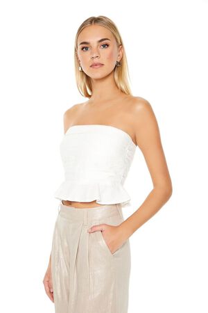 WHITE Linen-Blend Flounce Tube Top, image 2