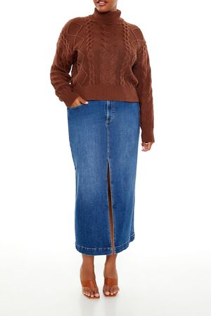 BROWN Plus Size Cable Knit Turtleneck Sweater, image 2