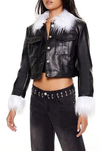 BLACK/WHITE Faux Fur & Leather Trucker Jacket, image 4
