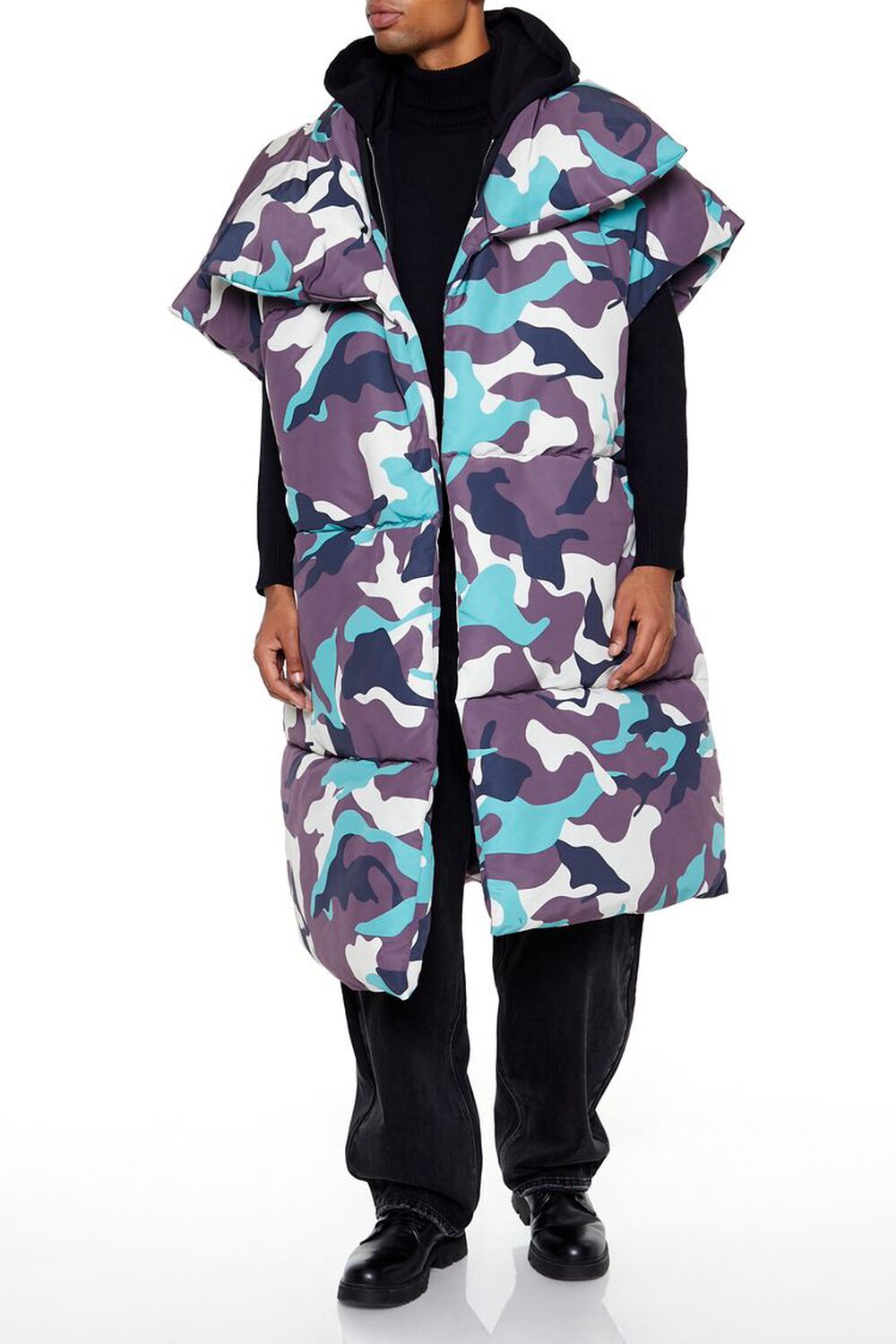BLACK/MULTI Camo Print Longline Puffer Vest, image 1