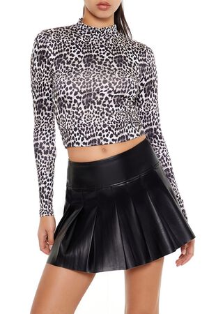BROWN/MULTI Leopard Mock Neck Crop Top, image 1