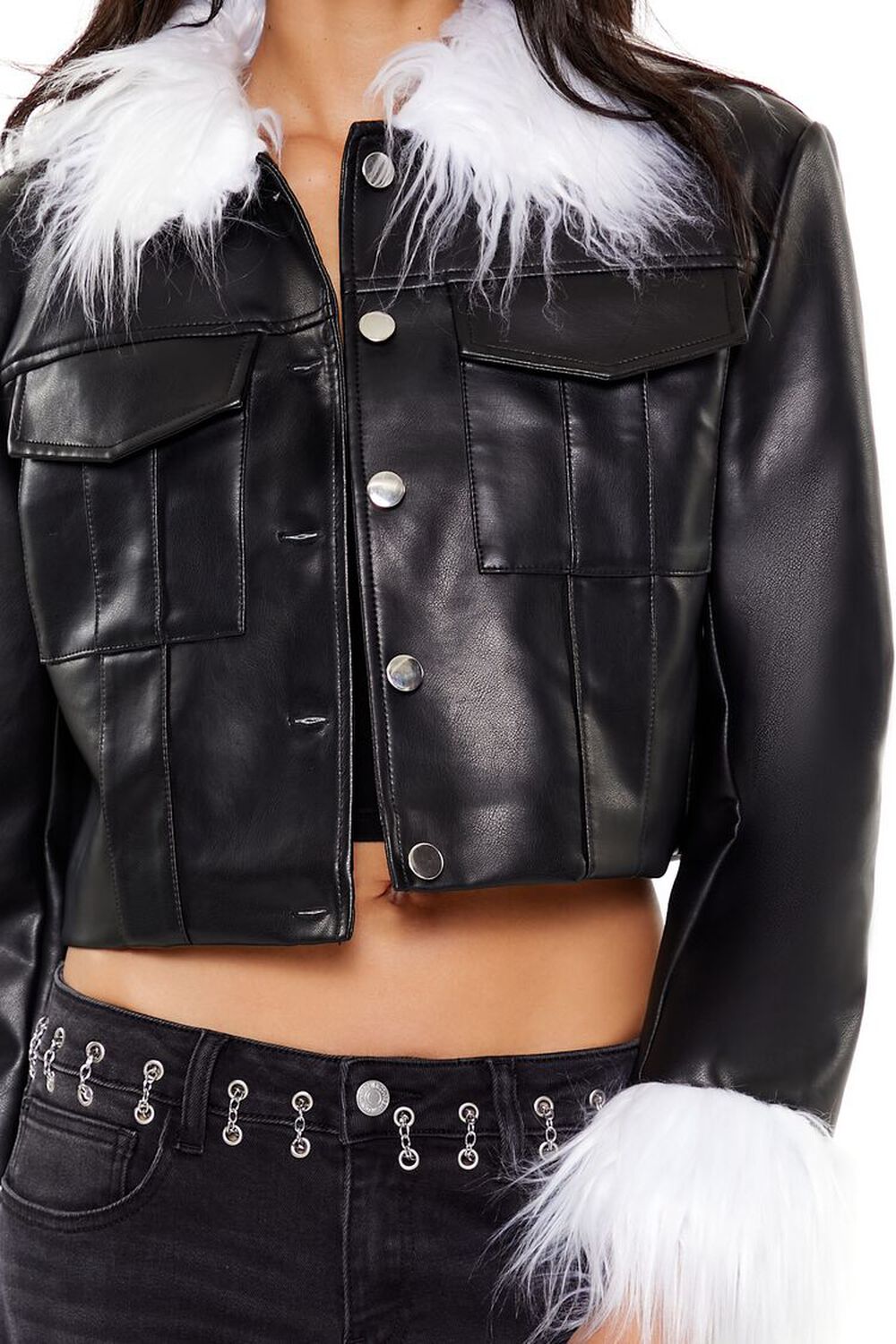 BLACK/WHITE Faux Fur & Leather Trucker Jacket, image 3