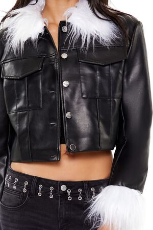 BLACK/BLACK Faux Fur & Leather Trucker Jacket, image 3