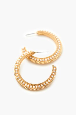 GOLD/CREAM Etched Faux Pearl Hoop Earrings, image 2