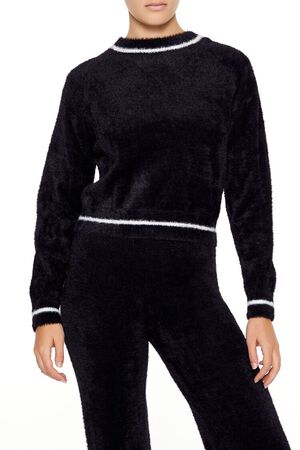 WHITE/BLACK Two-Tone Fuzzy Knit Sweater, image 1