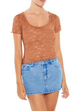 TOFFEE Sheer Lace Lettuce-Edge Tee, image 1