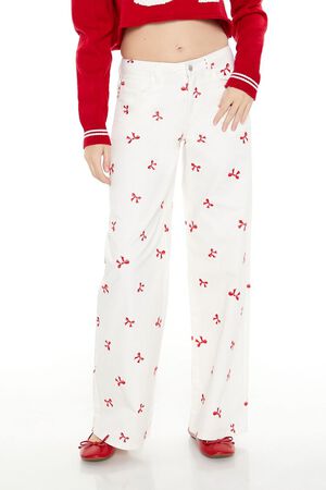 WHITE/RED Bow Embroidered Baggy Pants, image 2