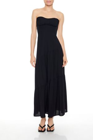 BLACK Strapless Asymmetrical Maxi Dress, image 1