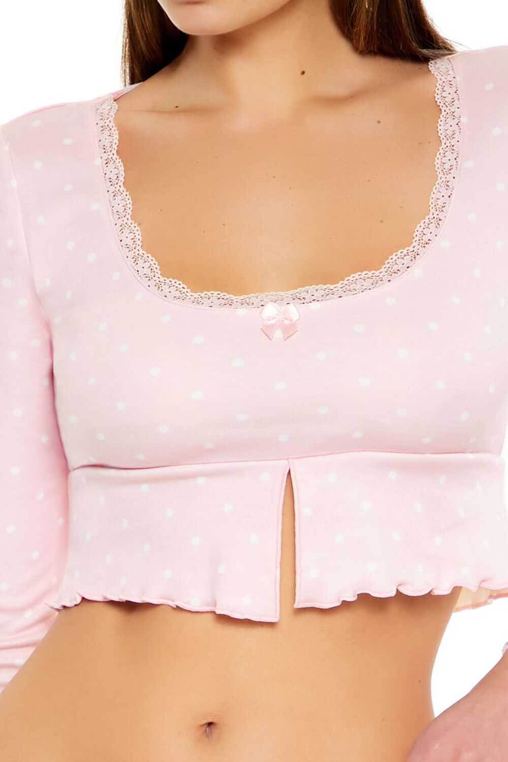 PINK/WHITE Polka Dot Bow Pajama Crop Top, image 3