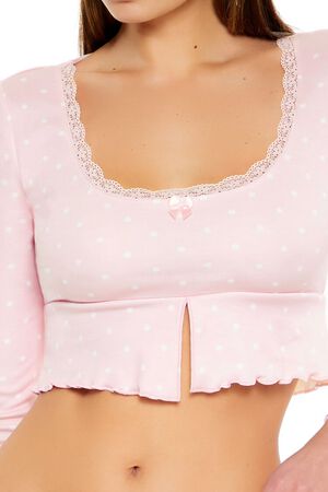 PINK/WHITE Polka Dot Bow Pajama Crop Top, image 3
