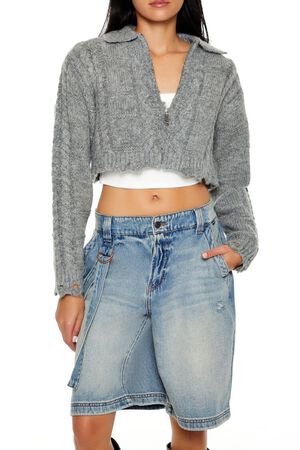 DARK GREY Cable Knit Sharkbite Half-Zip Sweater, image 1