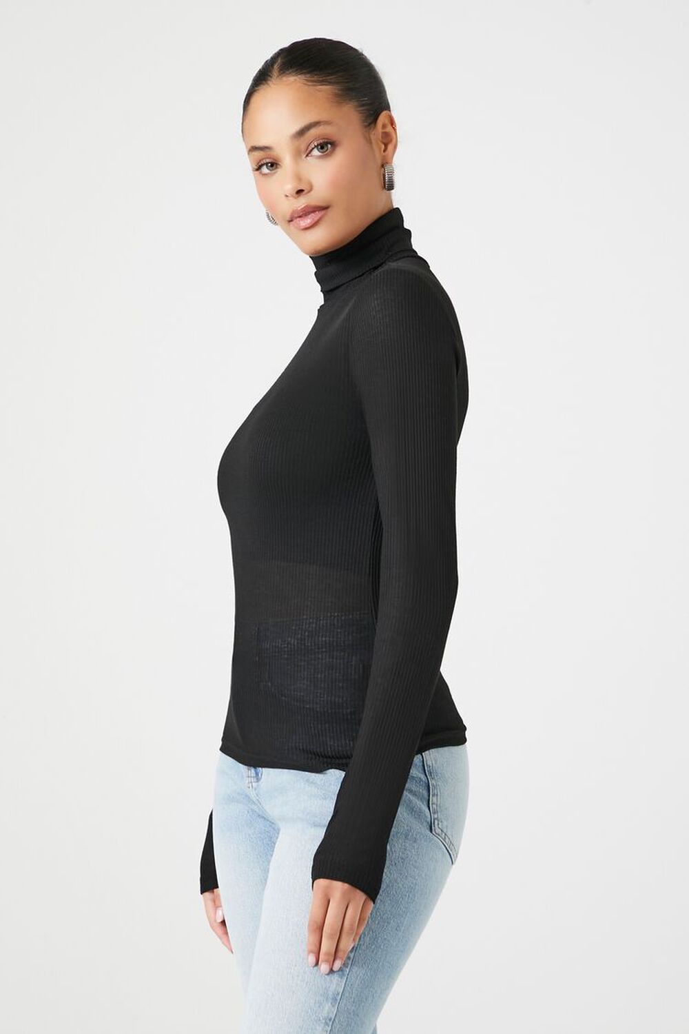 BLACK Sheer Ribbed Knit Turtleneck Top, image 2