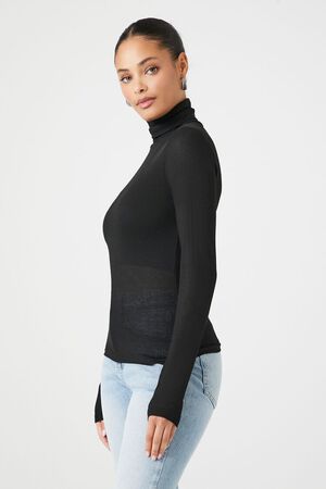 BLACK Sheer Ribbed Knit Turtleneck Top, image 2