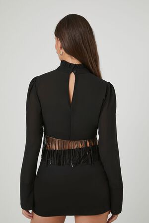 BLACK Fringe Mock Neck Crop Top, image 3