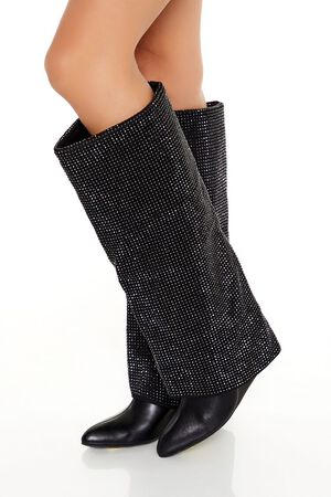 BLACK Rhinestone Knee-High Wedge Boots, image 1