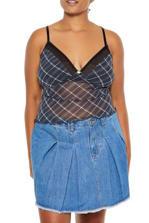 BLACK/WHITE Plus Size Plaid Rosette Sheer Cami, image 1