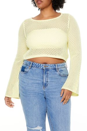 YELLOW CREAM Plus Size Netted Cropped Sweater, image 1