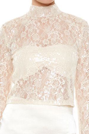CREAM Sheer Lace Sequin Mock Neck Top, image 3