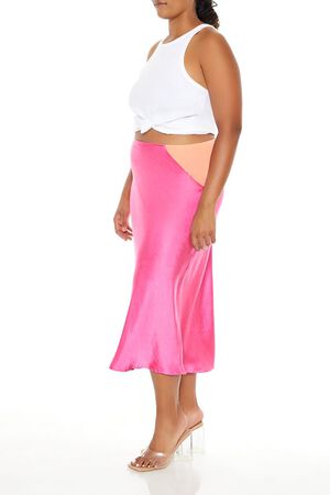 DUSTY PINK/CORAL Plus Size Satin Midi Slip Skirt, image 3