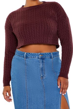 MERLOT Plus Size Cable Knit Cropped Sweater, image 3