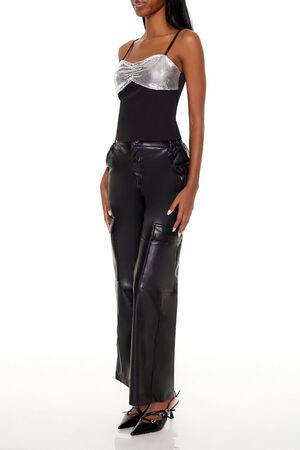 BLACK Faux Leather High-Rise Cargo Pants, image 3
