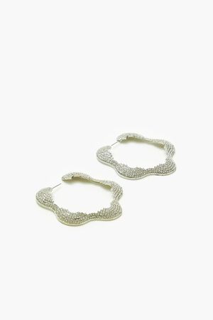 SILVER/CLEAR Rhinestone Floral Hoop Earrings, image 2