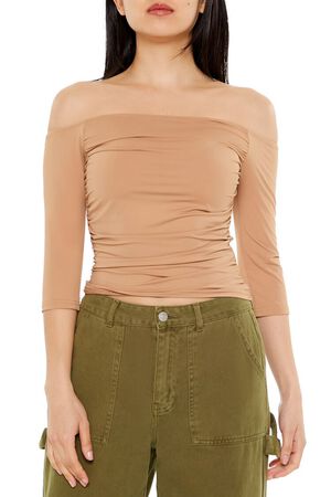 CAMEL Ruched Off-the-Shoulder Crop Top, image 1
