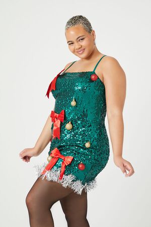 GREEN/MULTI Plus Size Sequin Christmas Tree Dress, image 3