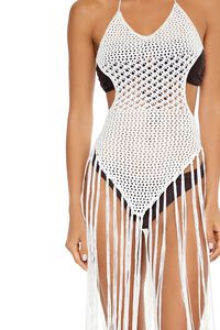 WHITE Crochet Tie-Back Fringe Swim Cover-Up Midi Dress, image 5